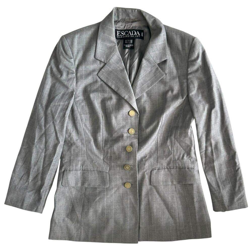 Vintage Escada Grey Contrast Stitch Gold Button Blazer Zegna Fabric Wool